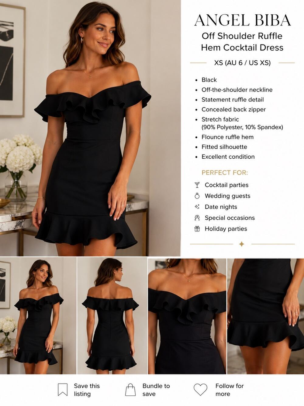 Angel Biba Black Off Shoulder Ruffle Hem Cocktail Dress XS Party Date Night